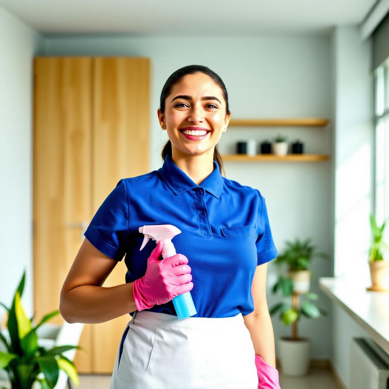 Friendly AJ Cleaning team member in a bright modern home